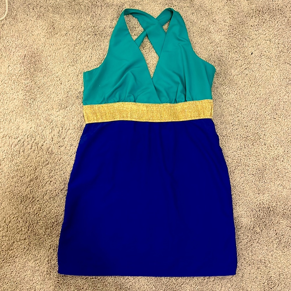 Charlotte Russe party dress - teal top, vivid indigo blue bottom w/ gold band.